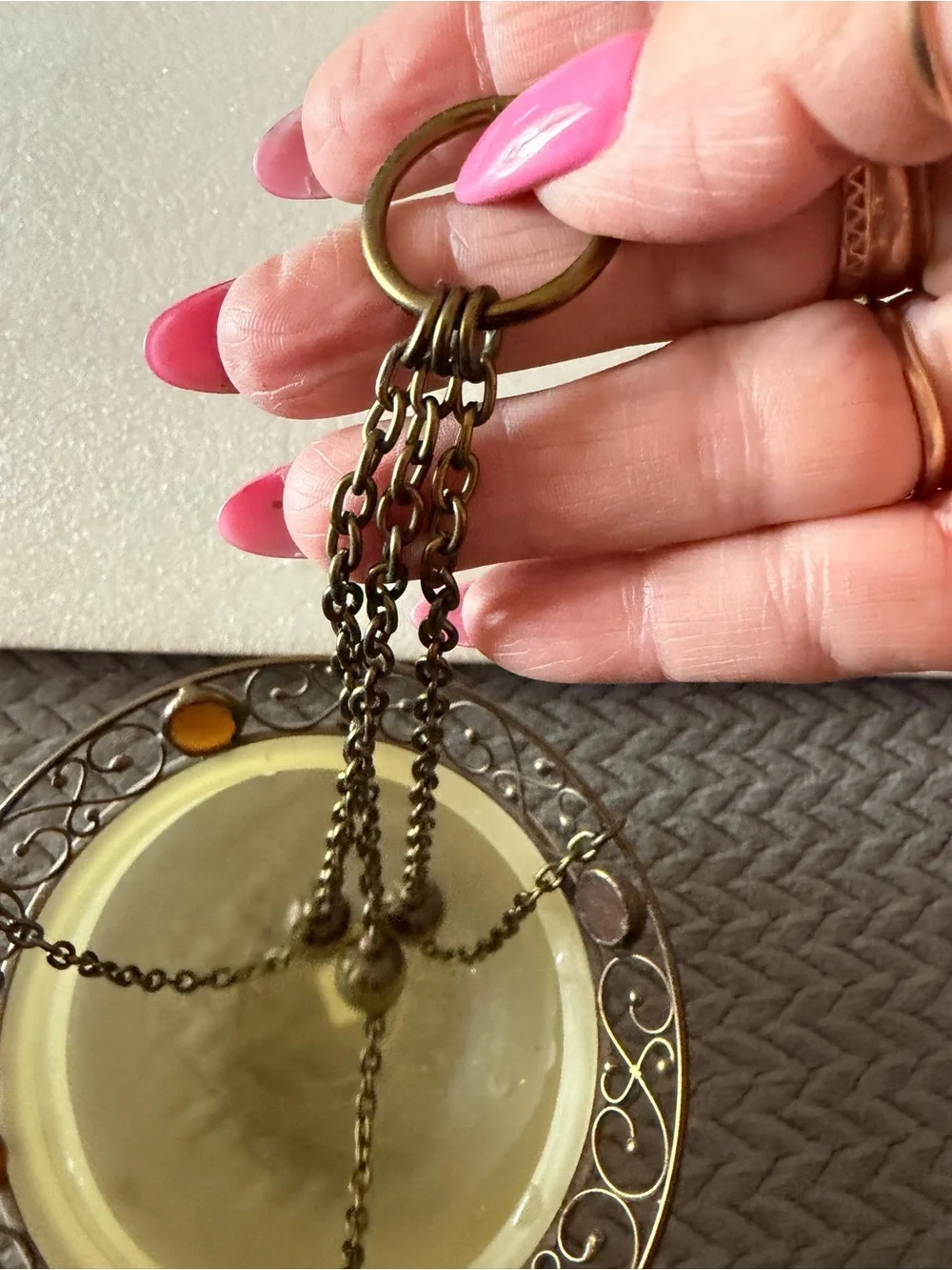 PartyLite Yellow Frosted Glass Hanging Lantern with Antique Brass Chain & stones